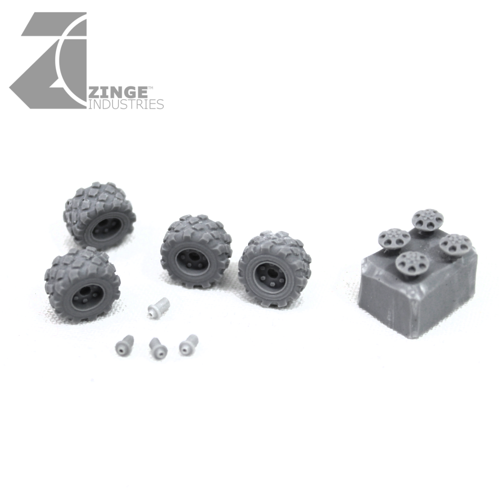 Wheels - 9.5mm Military Wheel X 4 Sprue + Hub Caps-Vehicle Accessories-Photo1-Zinge Industries