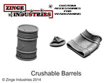 Hollow Crushable Barrels and Lids - Sprue of 5-Scenery-Photo2-Zinge Industries