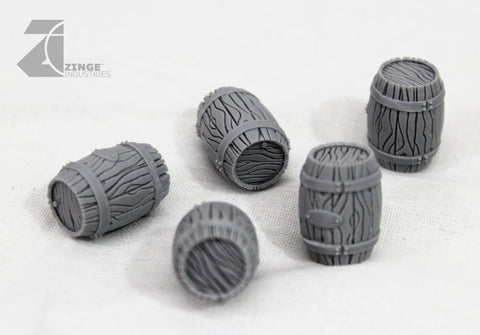 Wooden Barrels - Sprue of 5-Scenery Accessories-Photo1-Zinge Industries