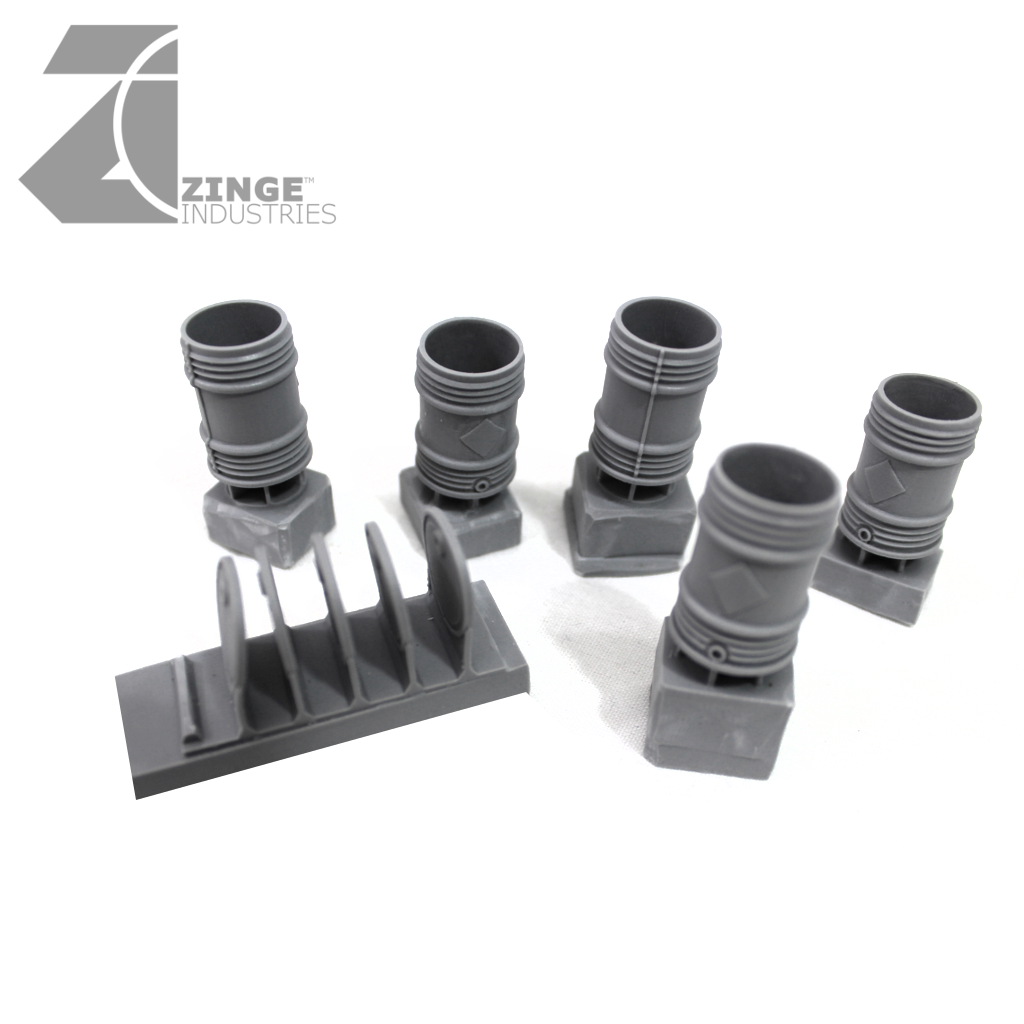 Hollow Crushable Barrels and Lids - Sprue of 5-Scenery-Photo1-Zinge Industries