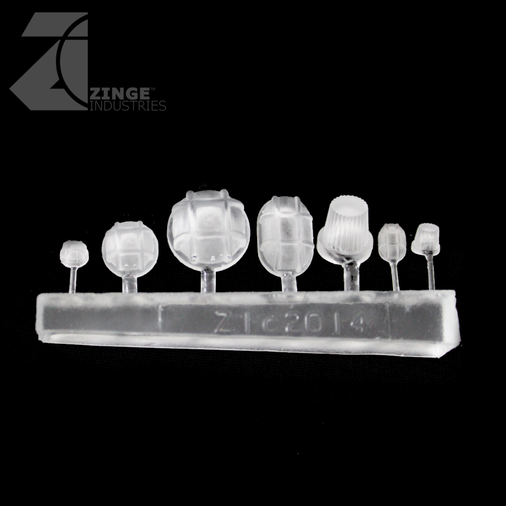 Bulkhead Lights - Sprue of 7 - Various - Transparent Light Diffuser-Clear Resin, Scenery-Photo1-Zinge Industries