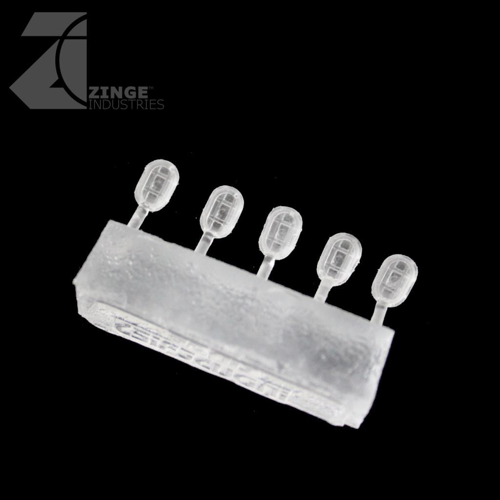 Bulkhead Lights - Sprue of 5 - 7.5mm Oval Bulkhead - Transparent Light Diffuser-Clear Resin, Scenery-Photo1-Zinge Industries