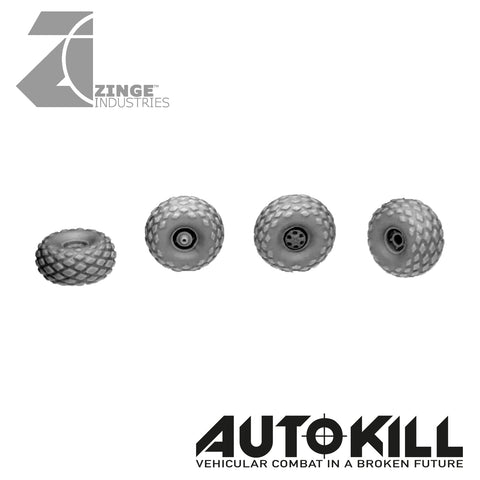 All Terrain Wheels 13mm Diameter - 20mm Scale - Set of 4 Suitable for Autokill and Gaslands games-Vehicle Accessories-Photo1-Zinge Industries