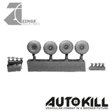 All Terrain Wheels 13mm Diameter - 20mm Scale - Set of 4 Suitable for Autokill and Gaslands games-Vehicle Accessories-Photo2-Zinge Industries