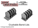 Hollow Crushable Barrels and Lids - Sprue of 5-Scenery-Photo3-Zinge Industries