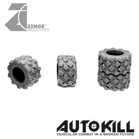 Military Tyres 13mm Diameter - 20mm Scale - Set of 4 - Suitable for Autokill and Gaslands games-Vehicle Accessories-Photo1-Zinge Industries